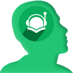 Silhouette of head with headphone-wearing reader holding open book in area of brain